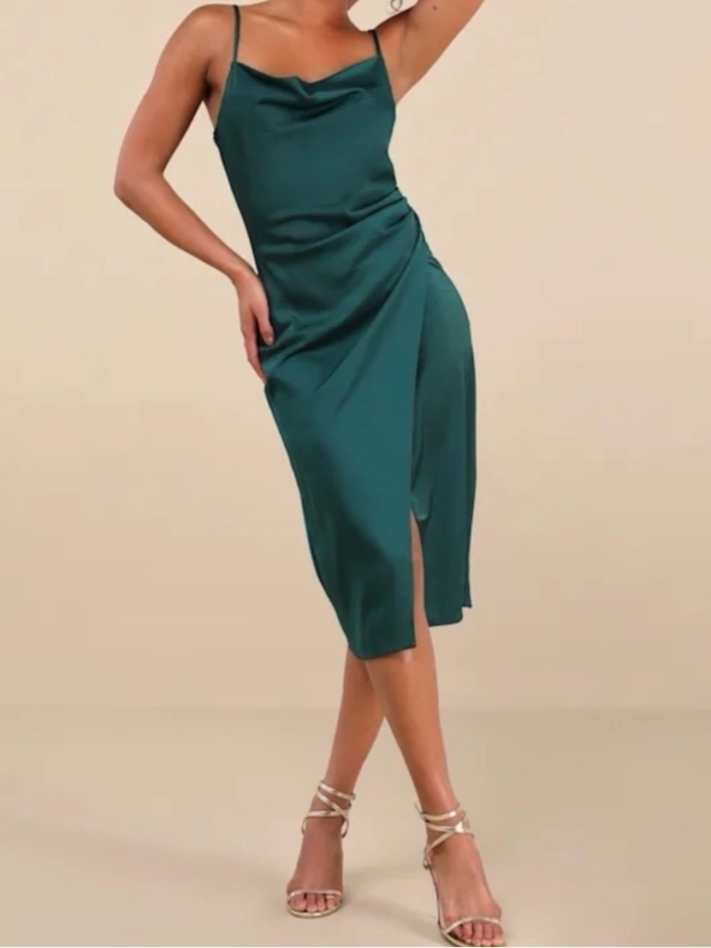Lulus Women's Drape Neck Hollywood Woman's Forest Green Satan Midi Dress